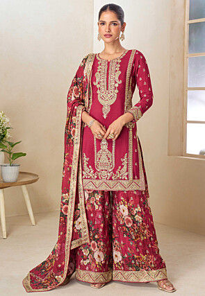 Embroidered Chinon Silk Pakistani Suit in Red