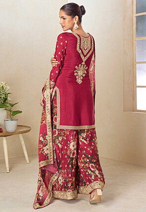 Embroidered Chinon Silk Pakistani Suit in Red