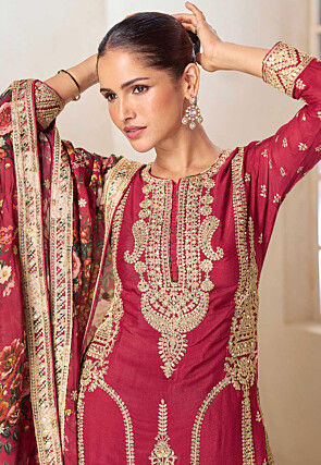 Embroidered Chinon Silk Pakistani Suit in Red