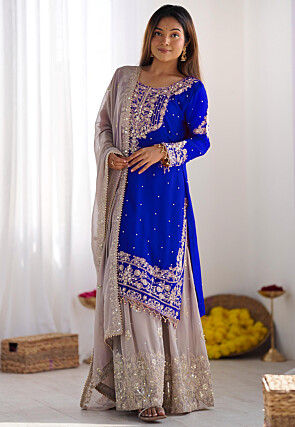 Embroidered Chinon Silk Pakistani Suit in Royal Blue