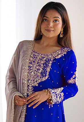 Embroidered Chinon Silk Pakistani Suit in Royal Blue