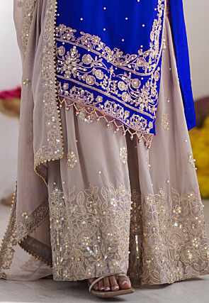 Embroidered Chinon Silk Pakistani Suit in Royal Blue