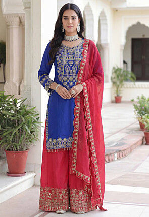 Embroidered Chinon Silk Pakistani Suit in Royal Blue
