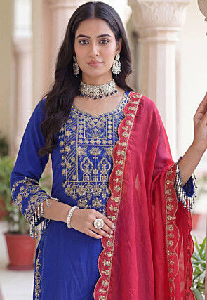 Embroidered Chinon Silk Pakistani Suit in Royal Blue