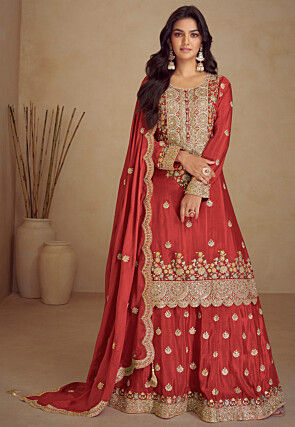 Embroidered Chinon Silk Pakistani Suit in Rust
