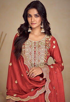 Embroidered Chinon Silk Pakistani Suit in Rust