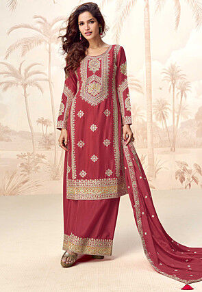 Embroidered Chinon Silk Pakistani Suit in Rust