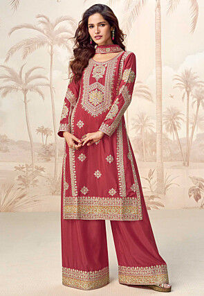Embroidered Chinon Silk Pakistani Suit in Rust