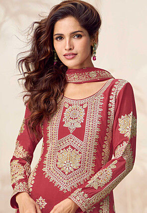 Embroidered Chinon Silk Pakistani Suit in Rust