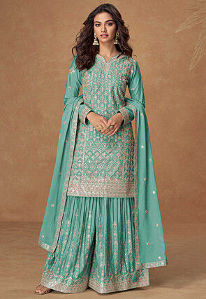 Embroidered Chinon Silk Pakistani Suit in Sea Green