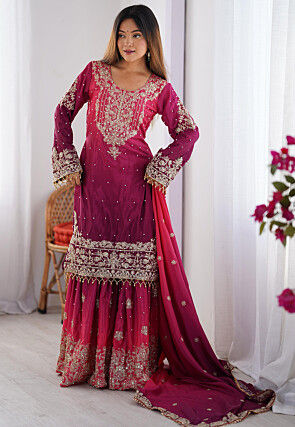 Embroidered Chinon Silk Pakistani Suit in Shaded Purple and Pink