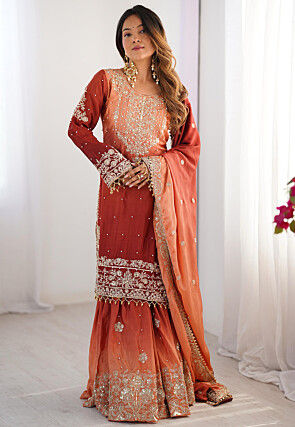 Embroidered Chinon Silk Pakistani Suit in Shaded Rust