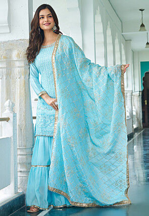 Embroidered Chinon Silk Pakistani Suit in Sky Blue