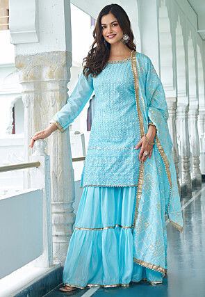 Embroidered Chinon Silk Pakistani Suit in Sky Blue