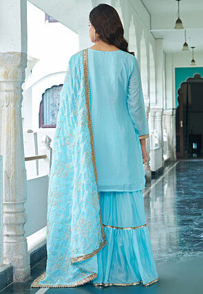 Embroidered Chinon Silk Pakistani Suit in Sky Blue