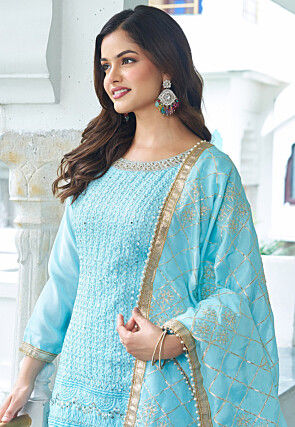 Embroidered Chinon Silk Pakistani Suit in Sky Blue