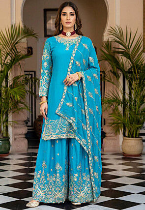 Embroidered Chinon Silk Pakistani Suit in Sky Blue
