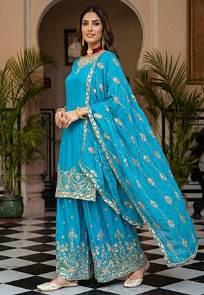 Embroidered Chinon Silk Pakistani Suit in Sky Blue