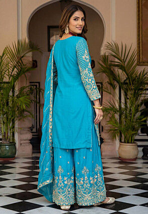 Embroidered Chinon Silk Pakistani Suit in Sky Blue