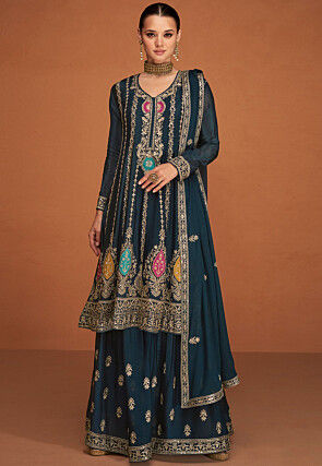 Embroidered Chinon Silk Pakistani Suit in Teal Blue
