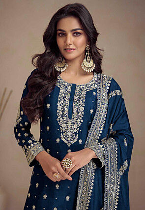 Embroidered Chinon Silk Pakistani Suit in Teal Blue