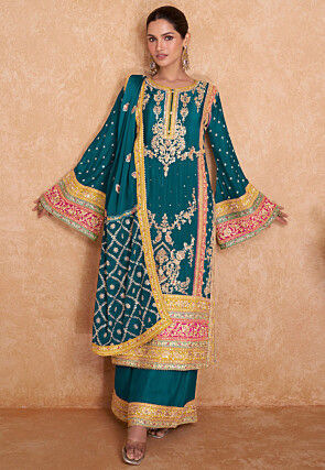 Embroidered Chinon Silk Pakistani Suit in Teal Blue