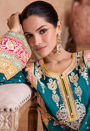 Embroidered Chinon Silk Pakistani Suit in Teal Blue
