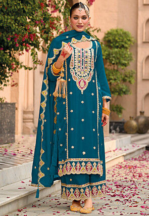 Embroidered Chinon Silk Pakistani Suit in Teal Blue
