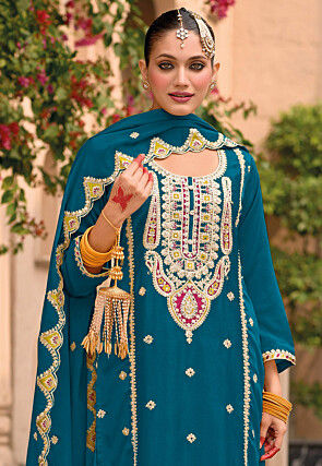 Embroidered Chinon Silk Pakistani Suit in Teal Blue