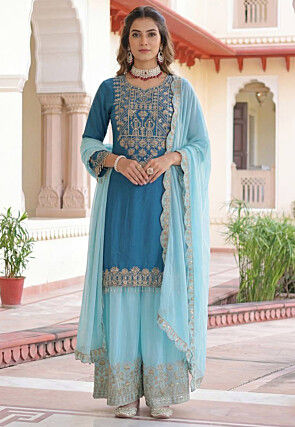 Embroidered Chinon Silk Pakistani Suit in Teal Blue