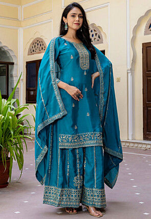 Embroidered Chinon Silk Pakistani Suit in Teal Blue