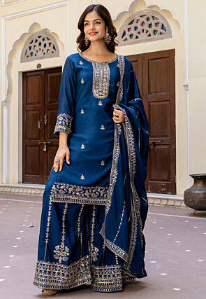 Embroidered Chinon Silk Pakistani Suit in Teal Blue