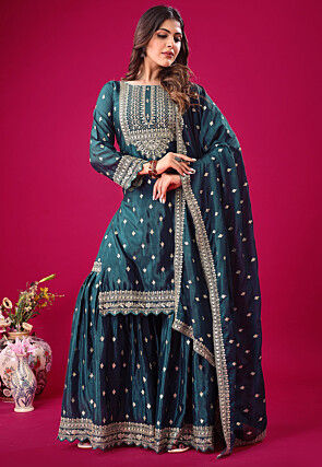 Women Teal Blue Chinon Un Stitched Suit Ethnic Collections