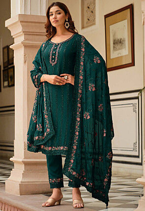 Embroidered Chinon Silk Pakistani Suit in Teal Green