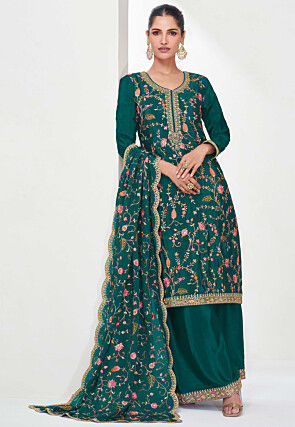 Women Teal Green Real Chinon Silk Embroidered Lehenga Style Suit