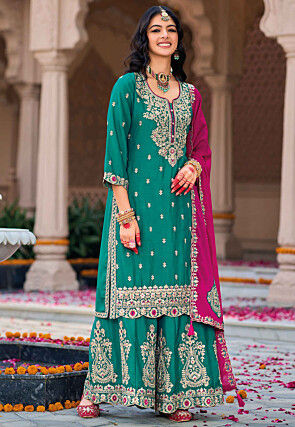 Women Teal Green Real Chinon Silk Embroidered Lehenga Style Suit main image 1