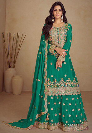 Embroidered Chinon Silk Pakistani Suit in Teal Green