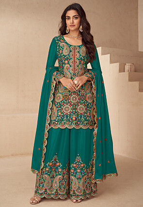 Embroidered Chinon Silk Pakistani Suit in Teal Green