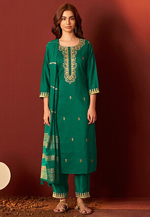 Embroidered Chinon Silk Pakistani Suit in Teal Green