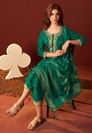Embroidered Chinon Silk Pakistani Suit in Teal Green