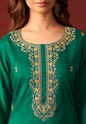 Embroidered Chinon Silk Pakistani Suit in Teal Green