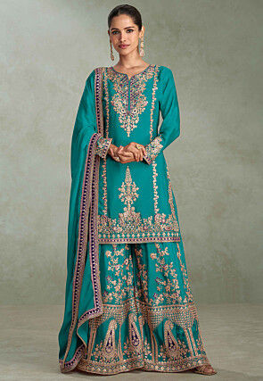 Embroidered Chinon Silk Pakistani Suit in Turquoise