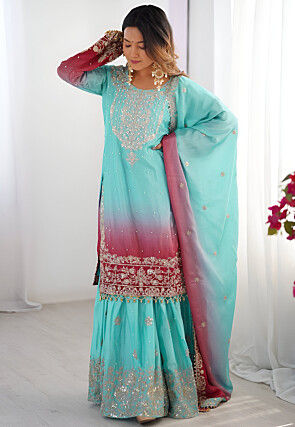 Embroidered Chinon Silk Pakistani Suit in Turquoise