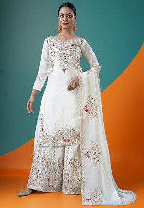 Embroidered Chinon Silk Pakistani Suit in White