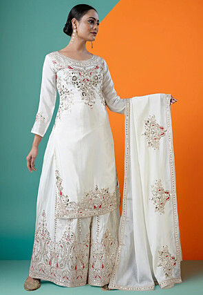 Embroidered Chinon Silk Pakistani Suit in White