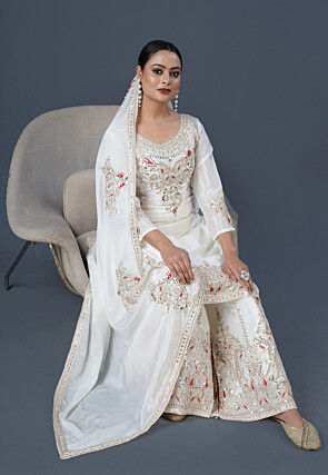 Embroidered Chinon Silk Pakistani Suit in White