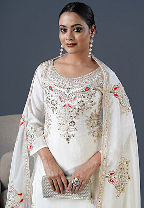 Embroidered Chinon Silk Pakistani Suit in White