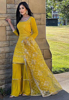 Embroidered Chinon Silk Pakistani Suit in Yellow