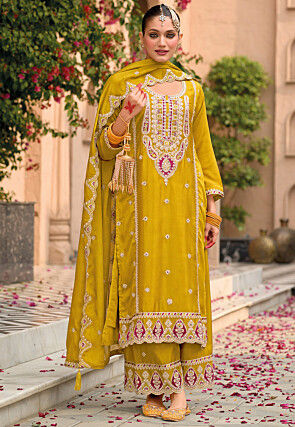 Embroidered Chinon Silk Pakistani Suit in Yellow