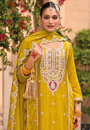 Embroidered Chinon Silk Pakistani Suit in Yellow